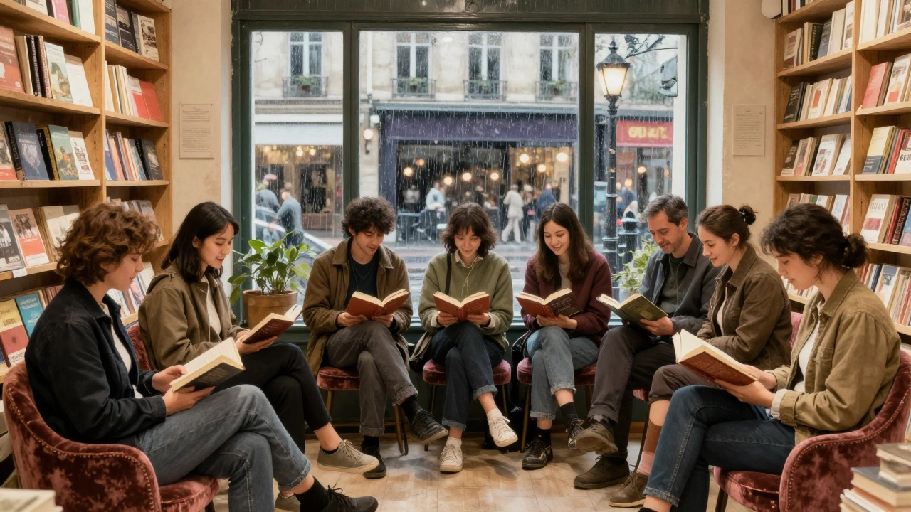A diverse group of people sharing books and laughter in Shakespeare and Company bookstore, warm lamplight glowing on shelves.