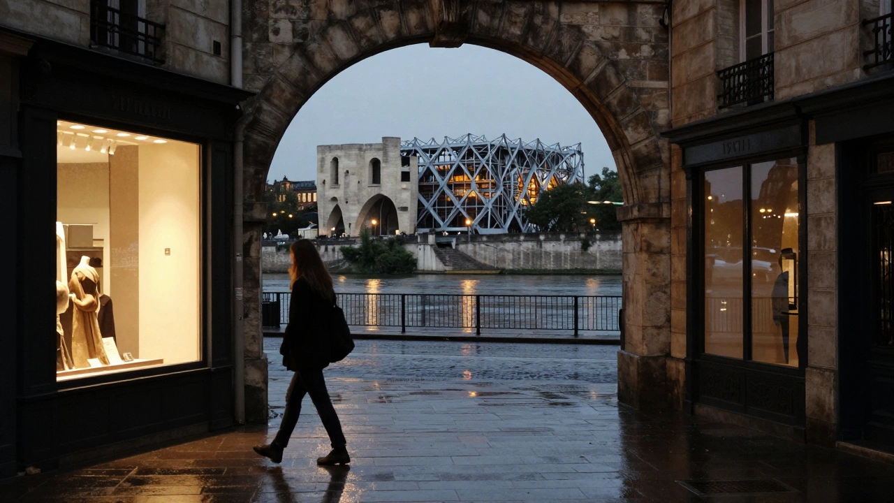 A woman walks through the Marais at twilight, passing a boutique as city lights reflect on wet pavement.