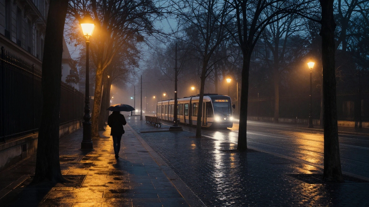 Empty Paris streets at 3 a.m., yellow streetlights, mist, and wet cobblestones.