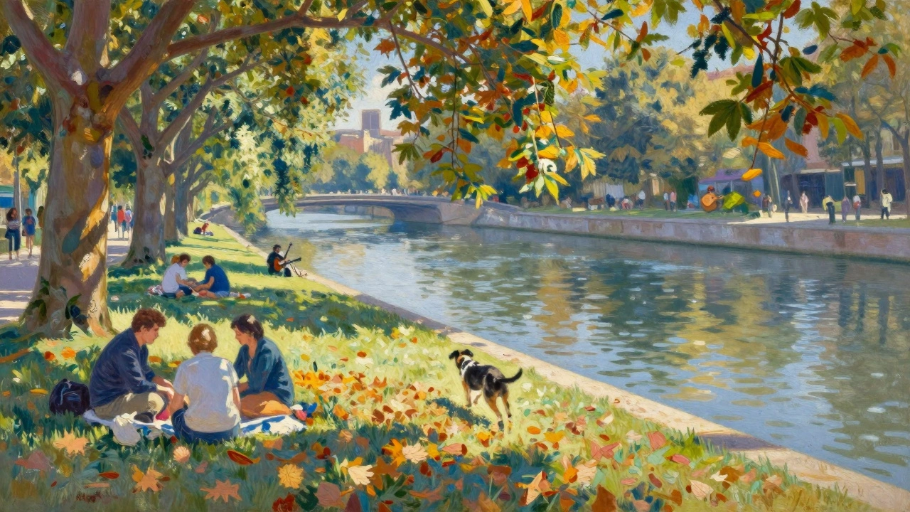 People picnicking by Canal Saint-Martin, dog chasing leaves, guitarist playing softly.