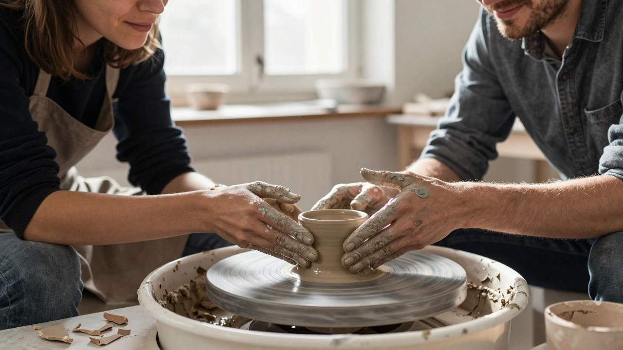 Two people working together on a pottery wheel in a sunlit studio, hands covered in clay, broken pieces nearby.